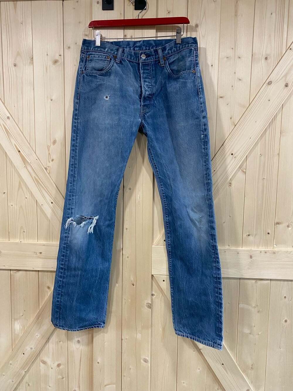 Levi's 501 Size 34x34 Distressed Denim Jeans Blue Straight Leg
